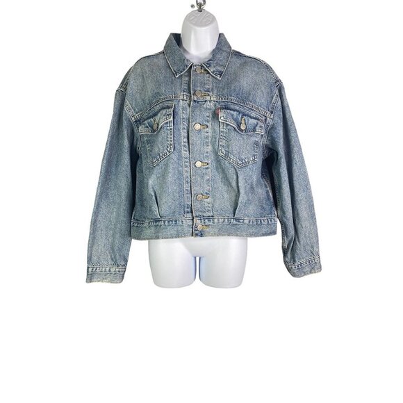 Levis Womens Jean Jacket Cropped Blue Buttons Waist Tabs Pockets Collared M New - Picture 1 of 10
